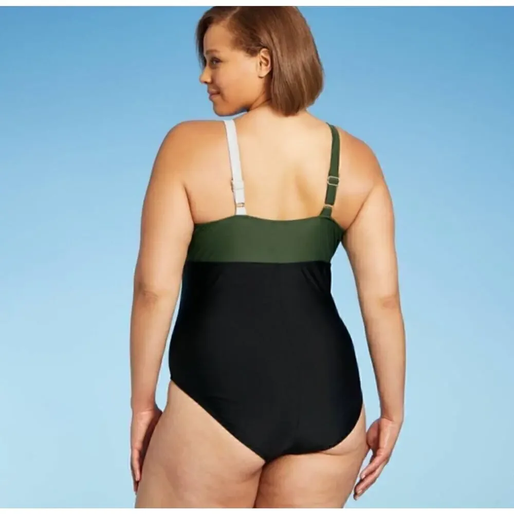 Kona Sol Color Block One Piece Adjustable Strap Bathing Suit Built in Bra Size M